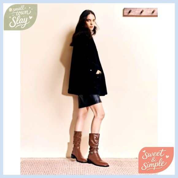 Xfvqtps Mid Calf Boots for Women Winter Fashion Slouchy  Slouchy Mid Calf Boots Chunky Heel Booties Adjustable Straps Casual Fall Winter